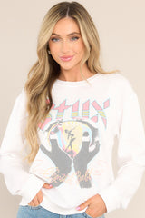 Front view of this sweatshirt that features a crew neckline, the Styx's sixth studio album graphic, ribbed cuffed sleeves, and a ribbed hemline.