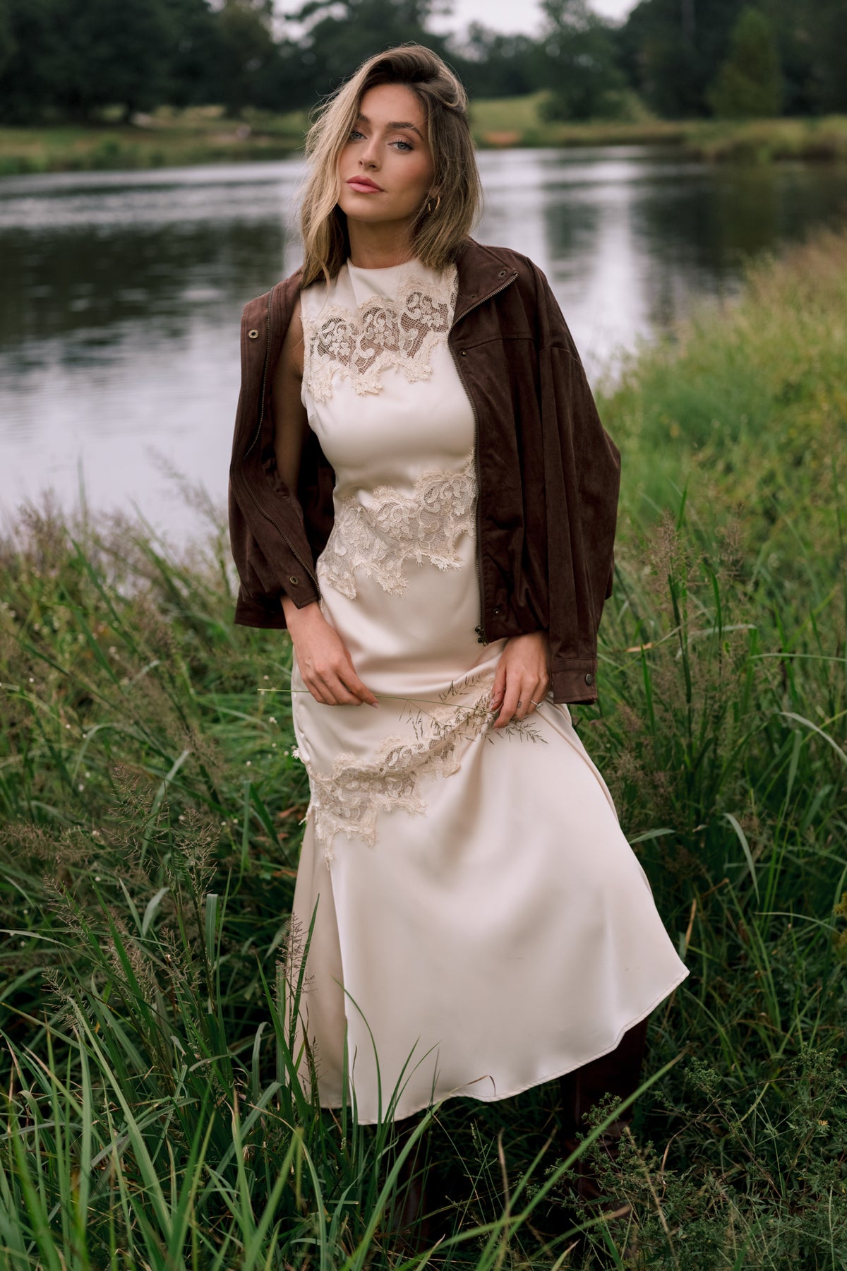 Simply Enchanting Champagne Satin Lace Trim Midi Dress