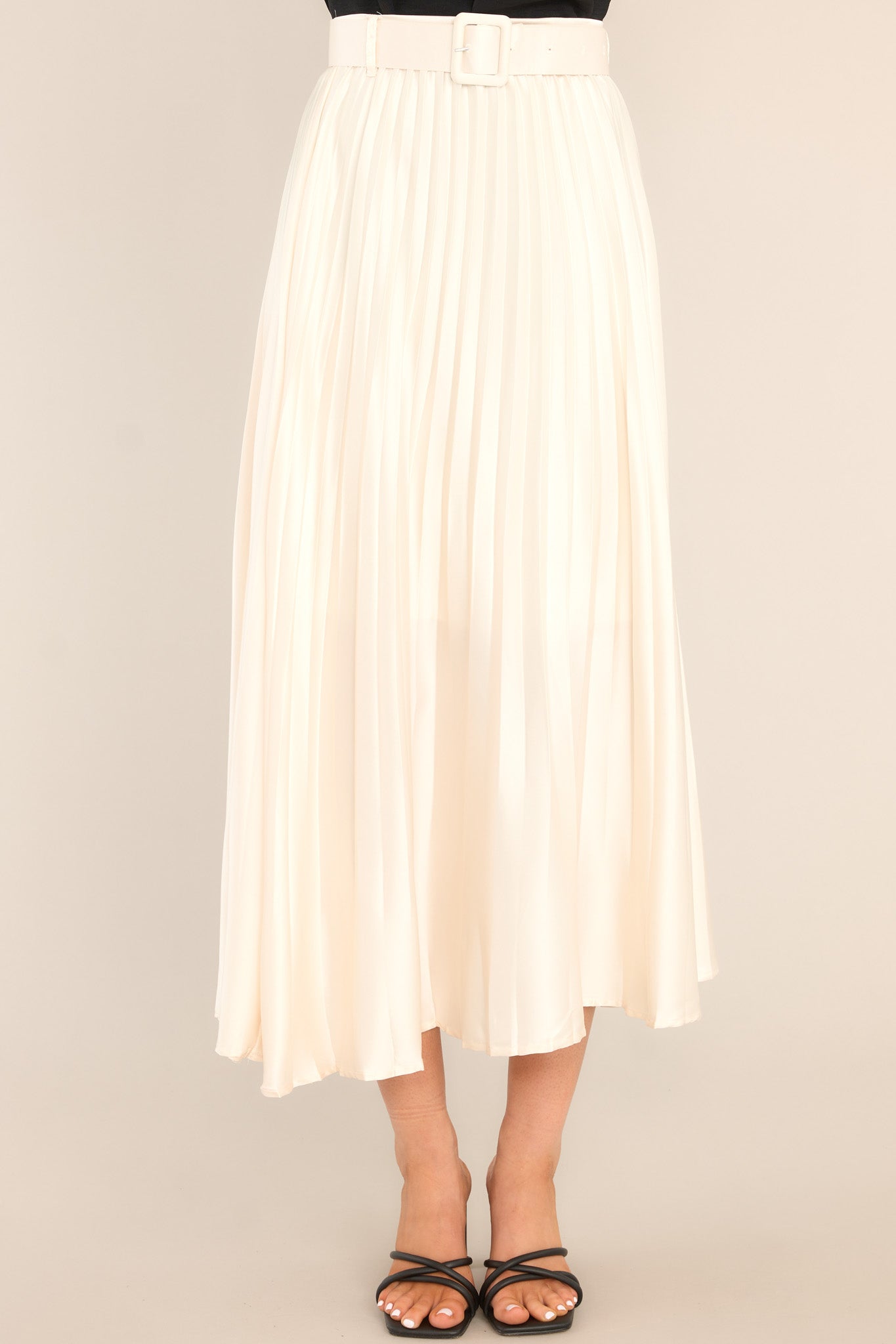 Front view of this maxi skirt that features pleats throughout.