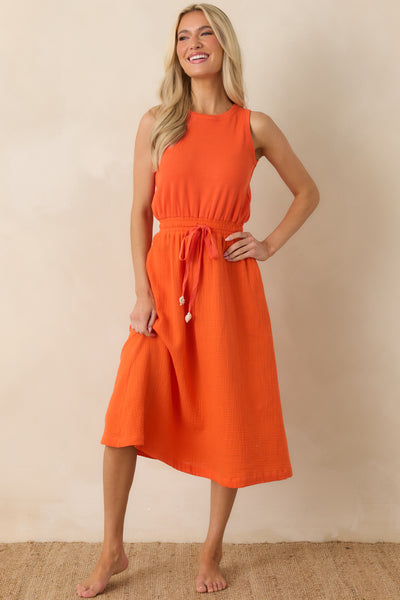 Women's Paradisa Bonita Orange Cotton Sleeveless Midi Dress | Size: Xs