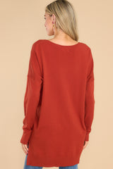 Back view of this essential sweater that features a v-neckline and a high low hemline.