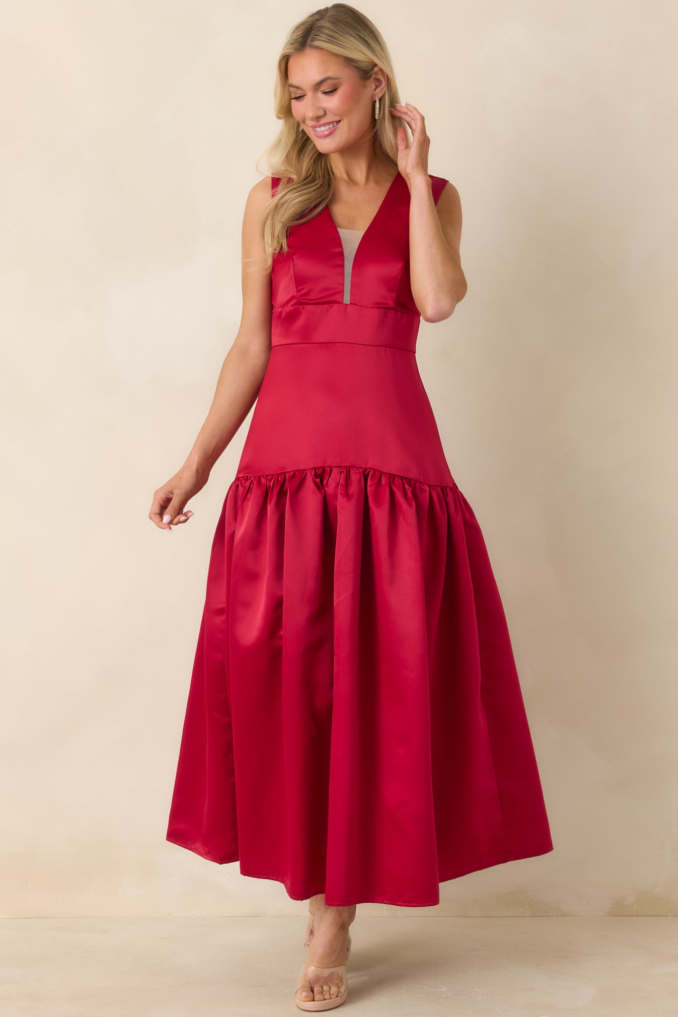 Women's Never Out of Reach Wine Red Satin Sleeveless Drop Waist Maxi Dress | Size: S