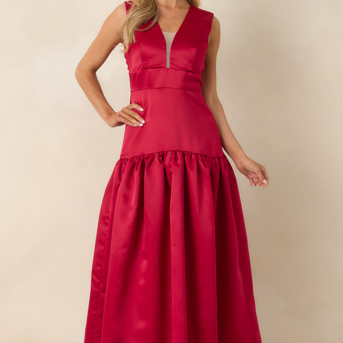 red v neck long dress Simple V Neck Red Satin Long Prom Dresses with High Slit, V Neck Red F   Eip Collection