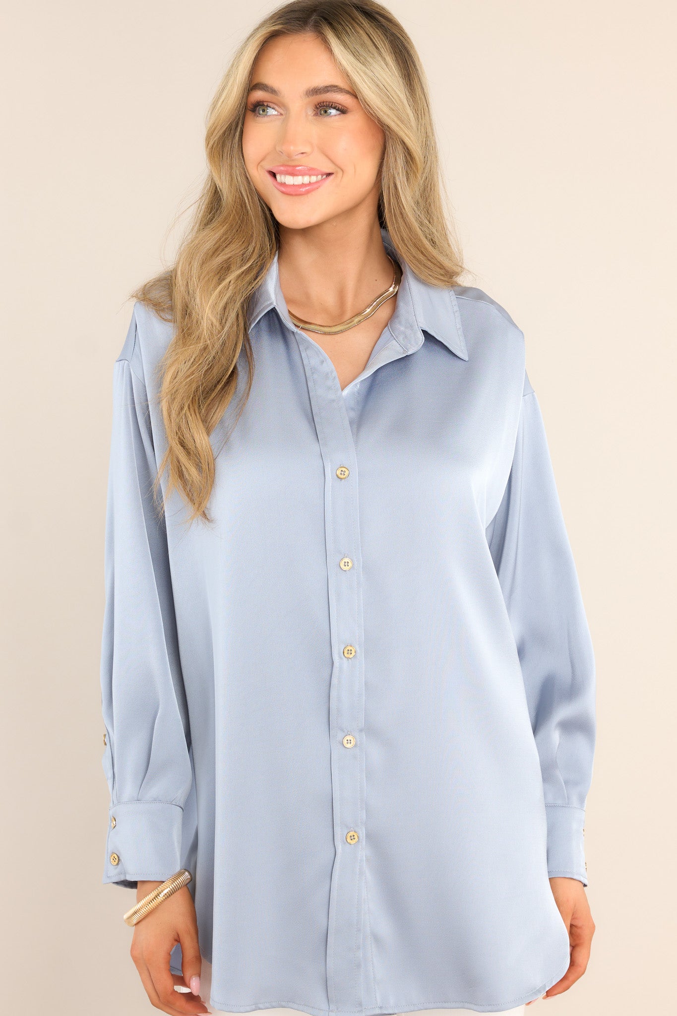 Sky Blue Button Front Top - Blouses & Shirts | Red Dress