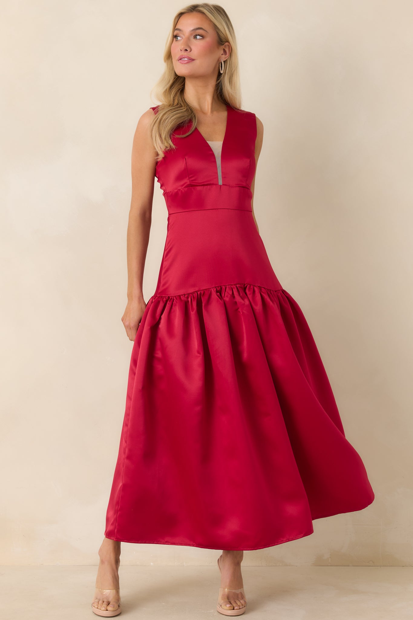Women's Never Out of Reach Wine Red Satin Sleeveless Drop Waist Maxi Dress | Size: S