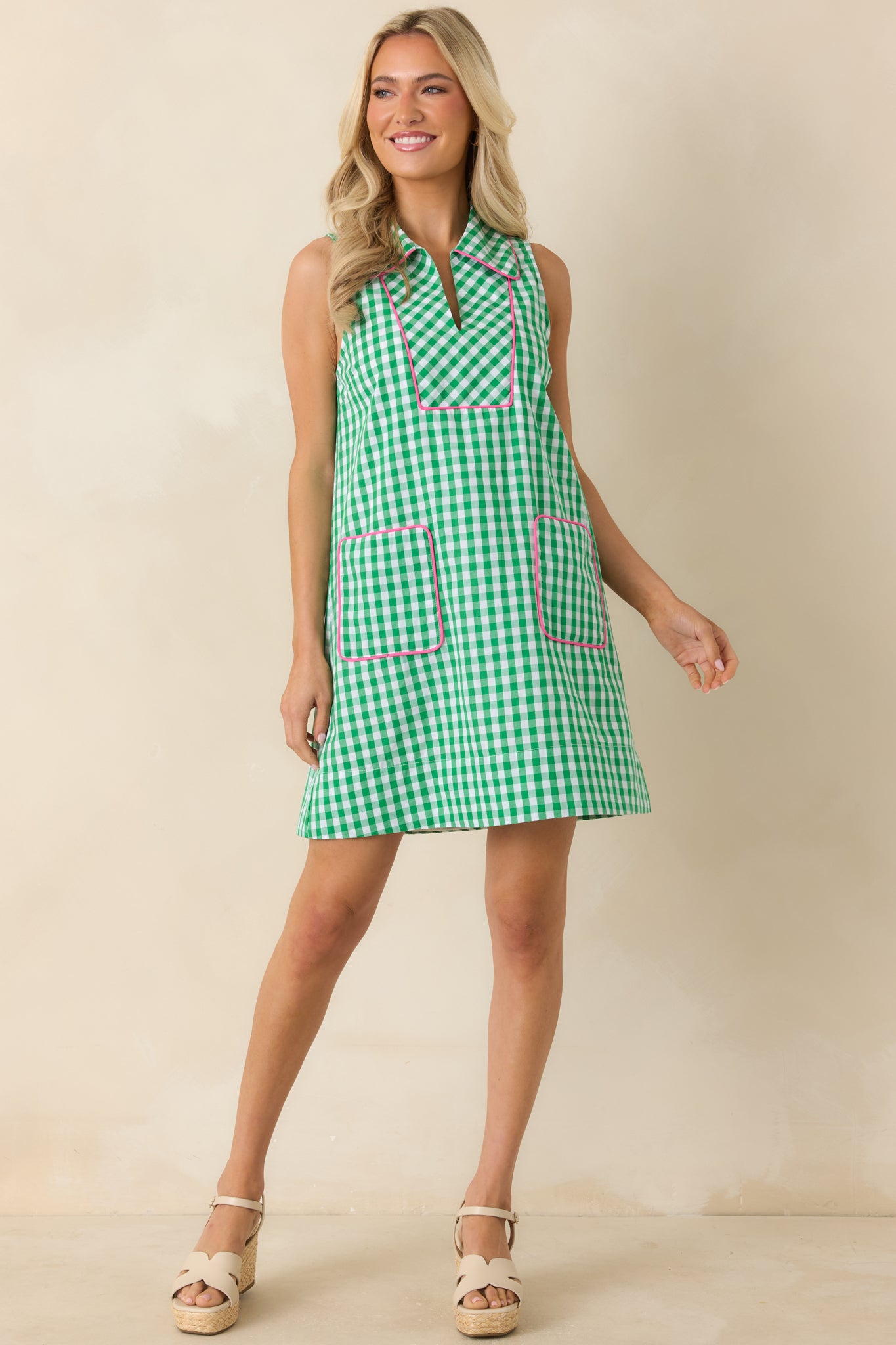 Red Dress | Green Gingham Cotton Mini Shift Dress - All Dresses