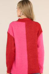 Back view of this sweater that features a high neckline, a two toned color pattern, and cuffed long sleeves.