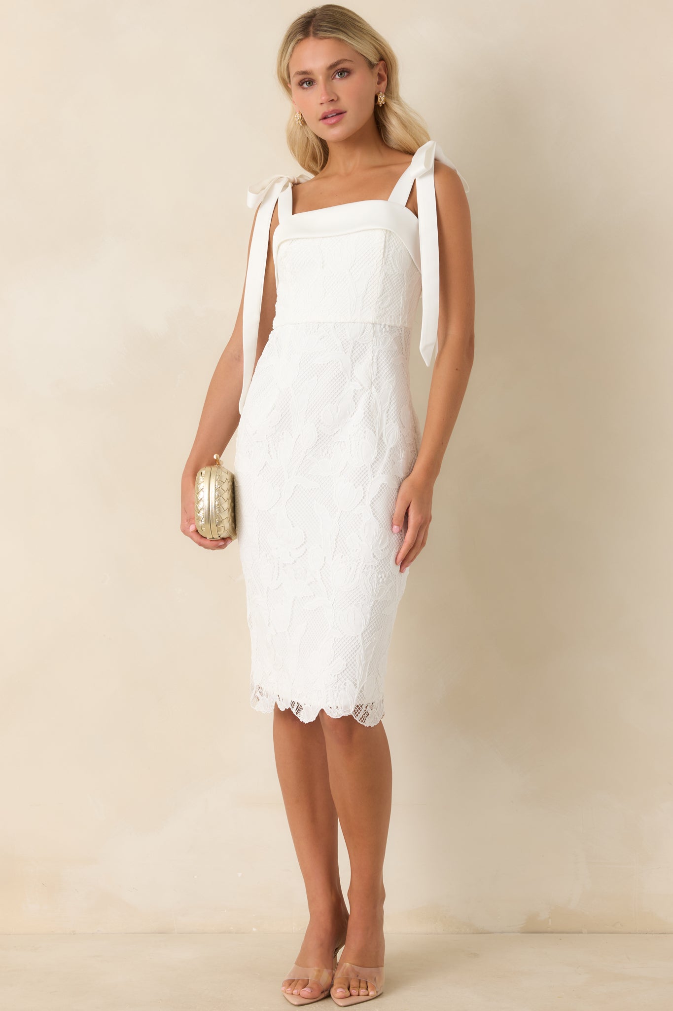 Women's Feels Like Fate Ivory Lace Tie Strap Midi Dress | Size: L Women's Feels Like Fate Ivory Lace Tie Strap Midi Dress | Size: L