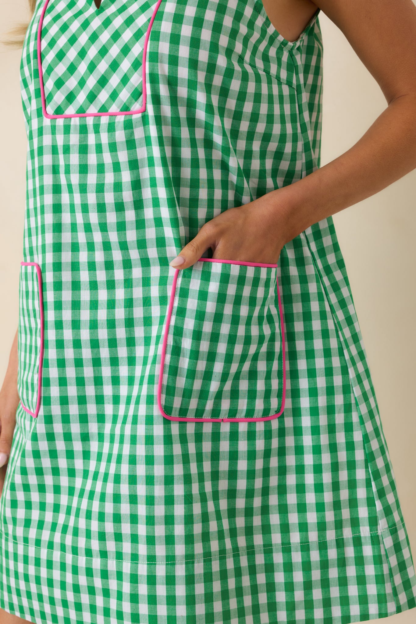 Summer Side Dish Green Gingham Cotton Mini Shift Dress
