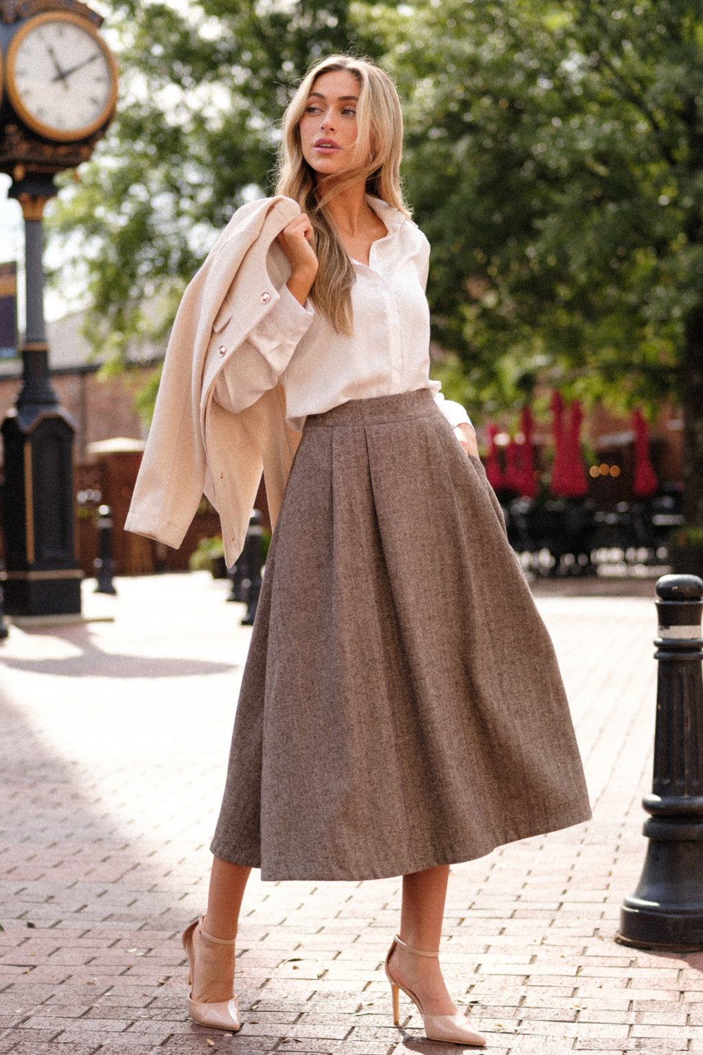 Brown Herringbone Tweed Midi Skirt - All Skirts