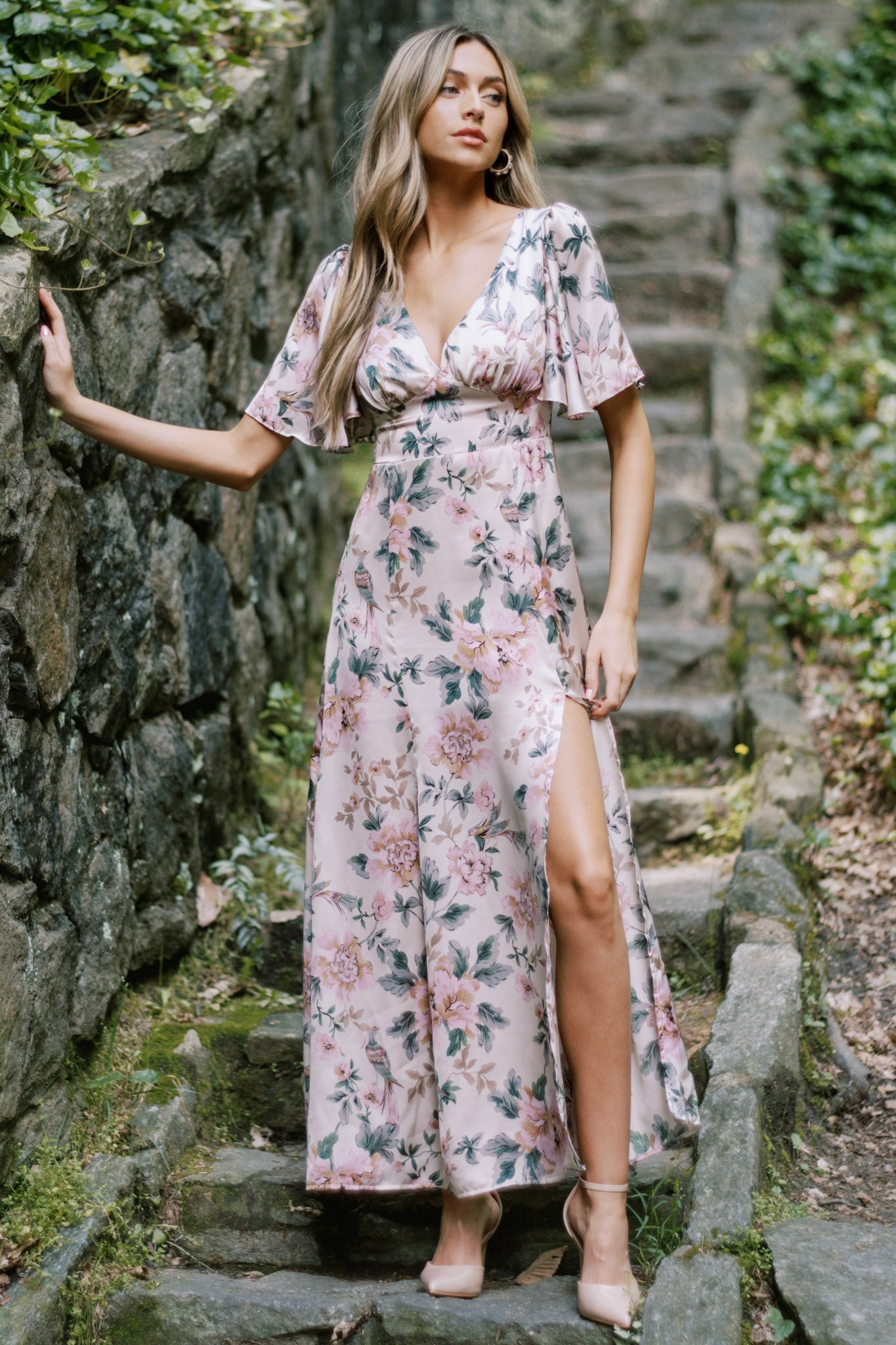 Ivory Multi Floral Flutter Sleeve Maxi Dress