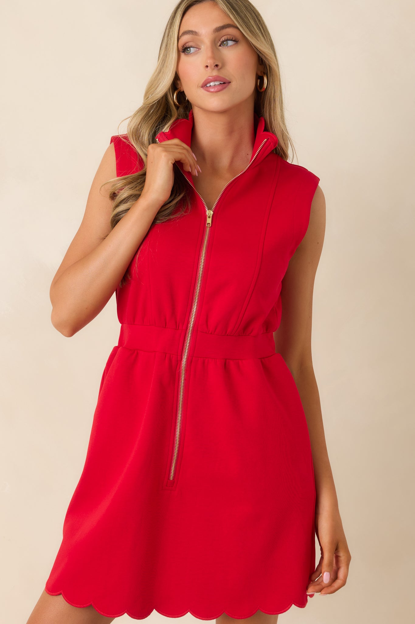 fitted lace wedding dress Red Dress | Red Zip Front Scalloped Hem Mini Dress