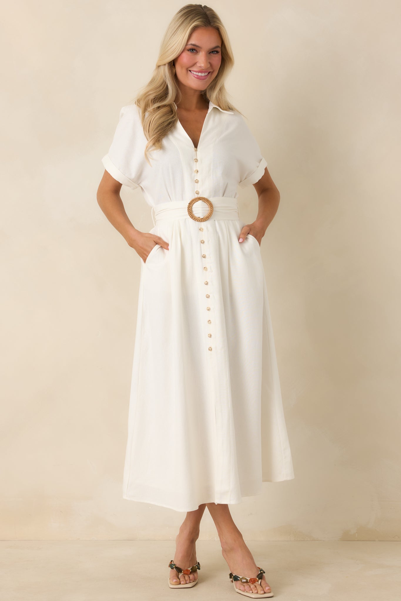 Women's Lily Glow Ivory Button Front Belted Maxi Dress | Size: M | Red Dress Women's Lily Glow Ivory Button Front Belted Maxi Dress | Size: M | Red Dress