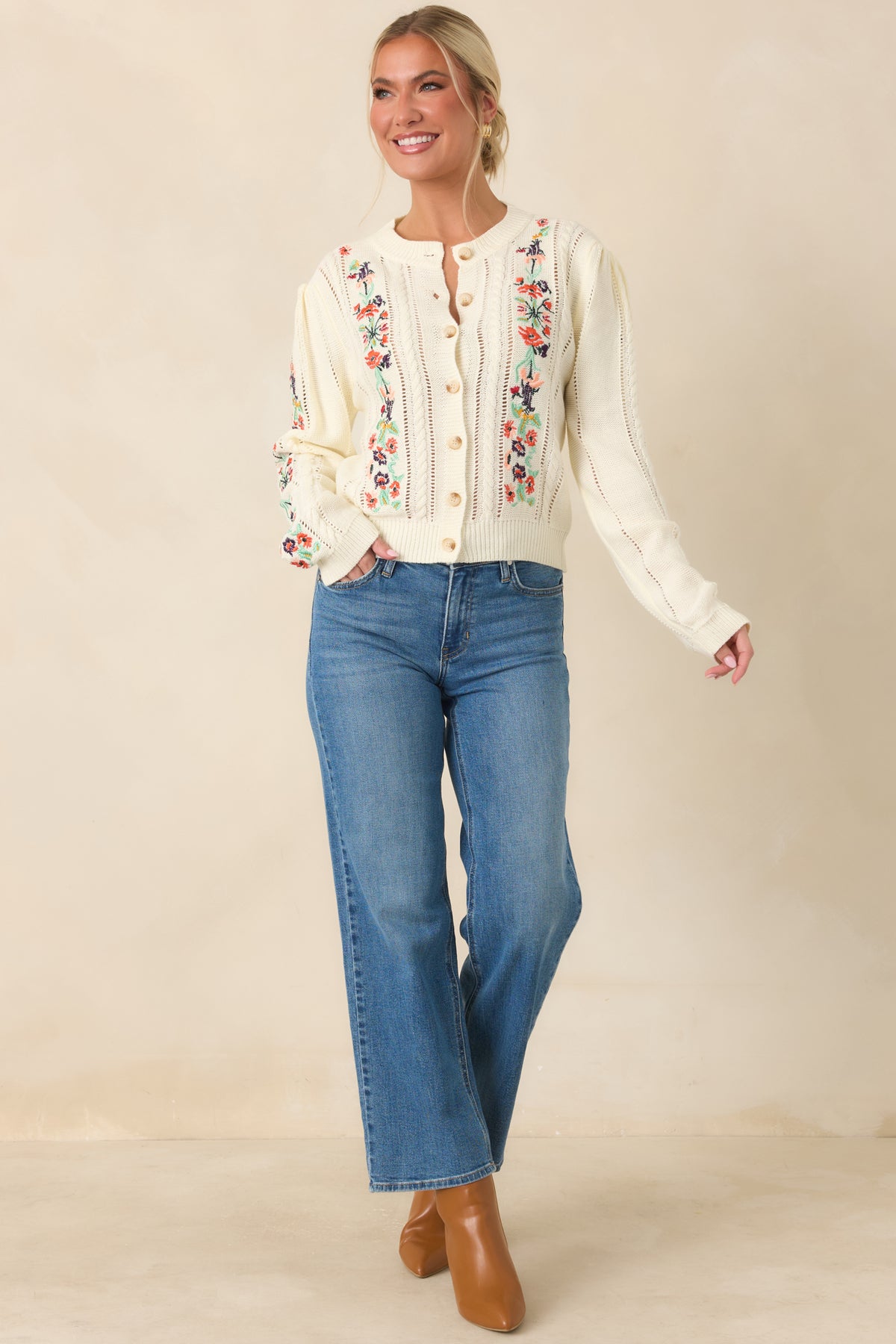 The Sweetest Part Ivory Multi Floral Embroidered Pointelle Cardigan