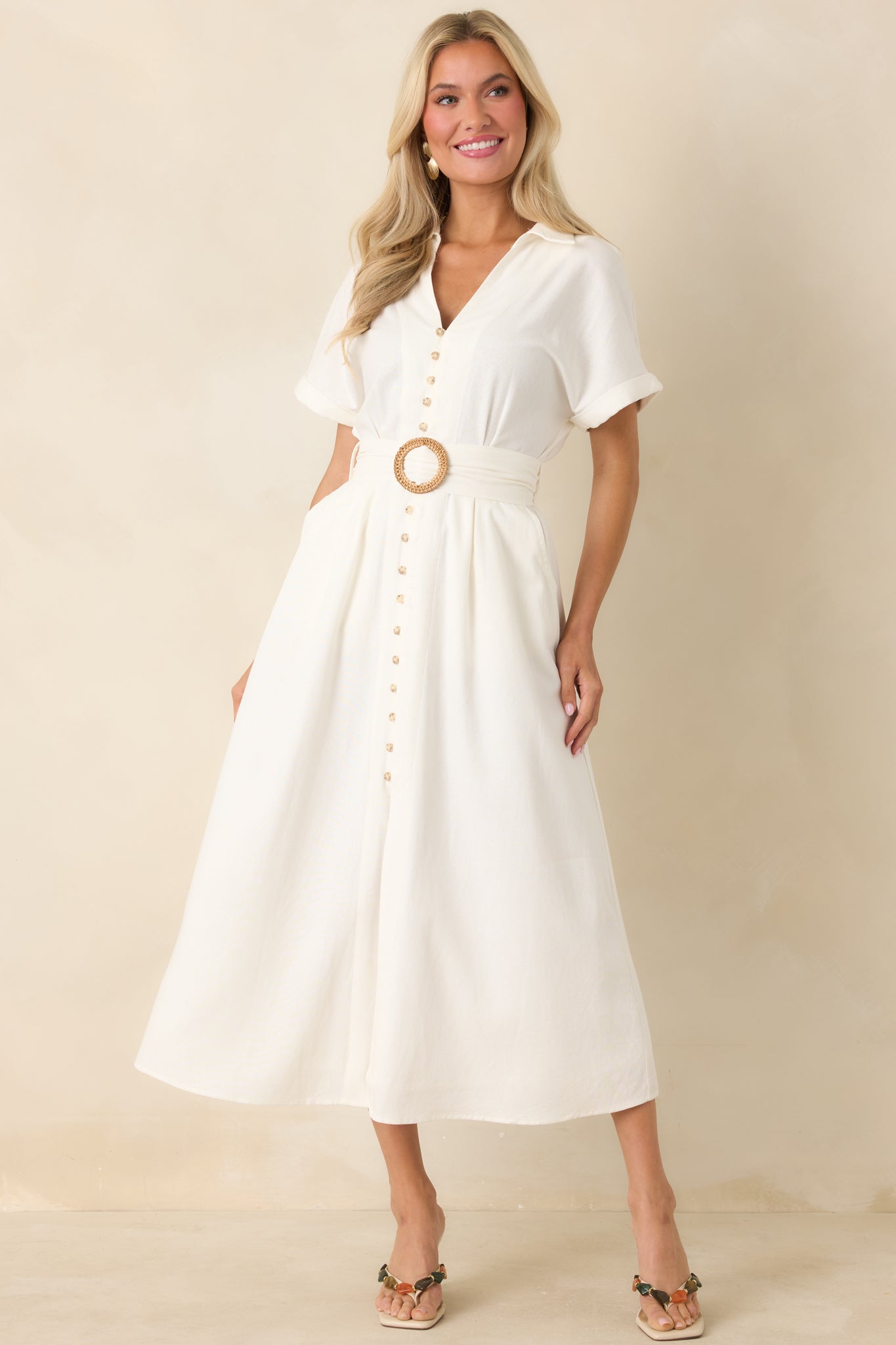 Ivory Button Front Belted Maxi Dress - All Dresses | Red Dress Ivory Button Front Belted Maxi Dress - All Dresses | Red Dress