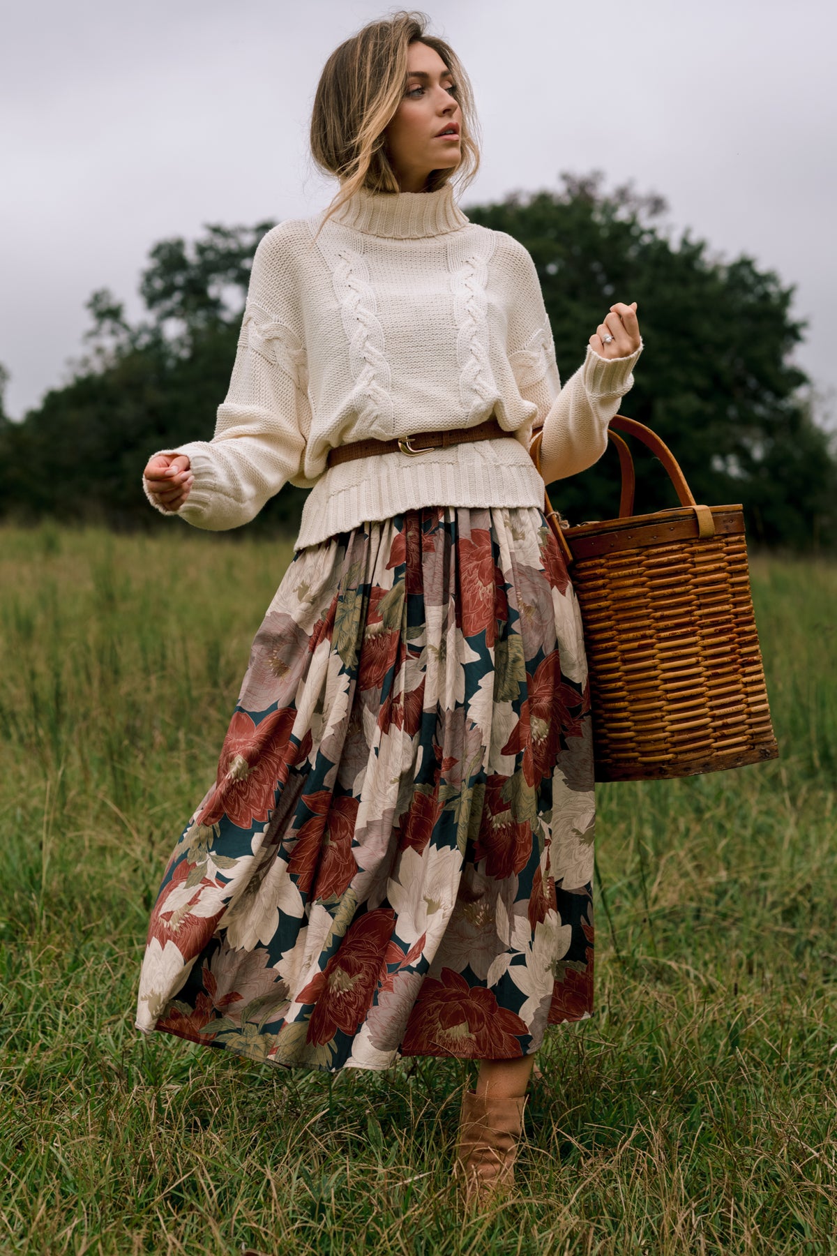 Poetry of the Season Teal & Burgundy Floral Pleated Cotton Midi Dress