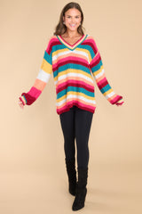 1 Get To The Chase Burgundy Multi Stripe Sweater at reddress.com