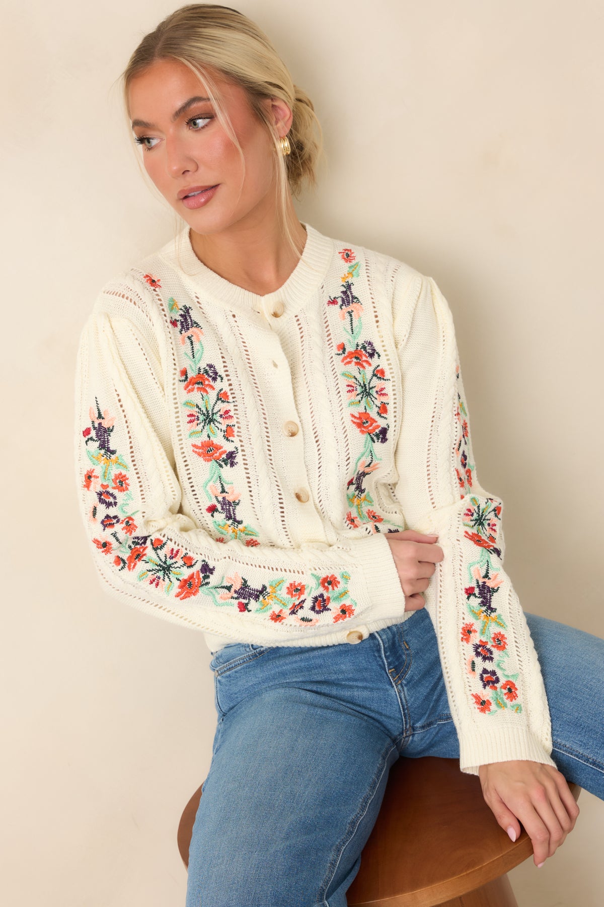 The Sweetest Part Ivory Multi Floral Embroidered Pointelle Cardigan