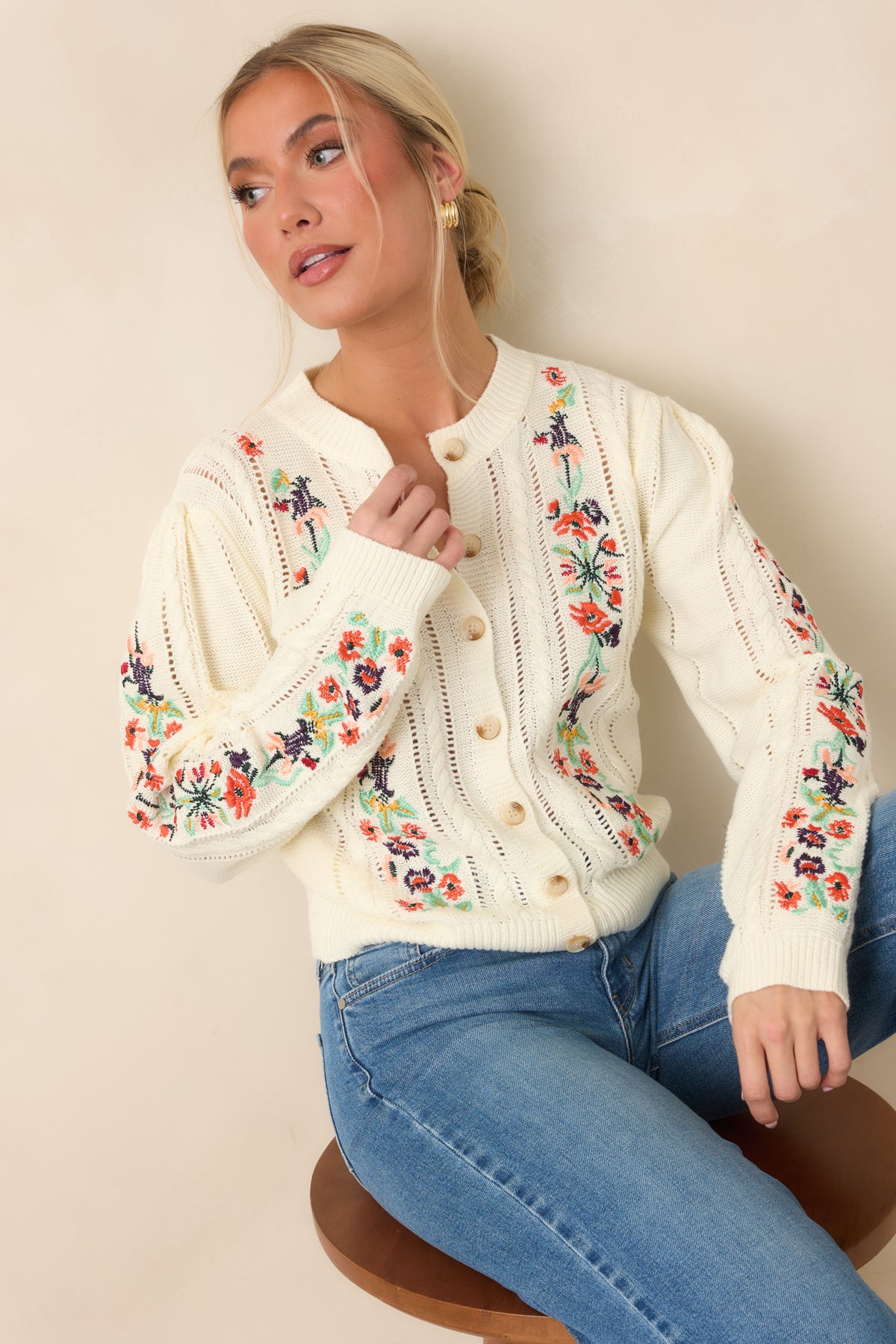 The Sweetest Part Ivory Multi Floral Embroidered Pointelle Cardigan