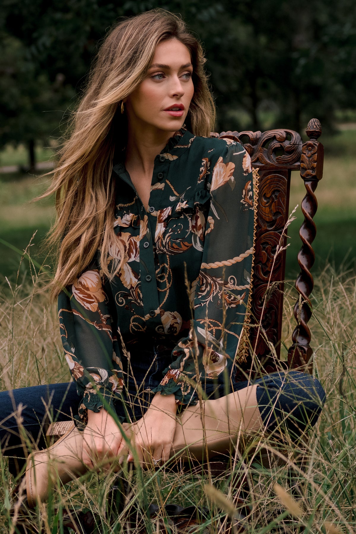 Out at the Estate Forest Green Floral Rope Print Ruffle Blouse