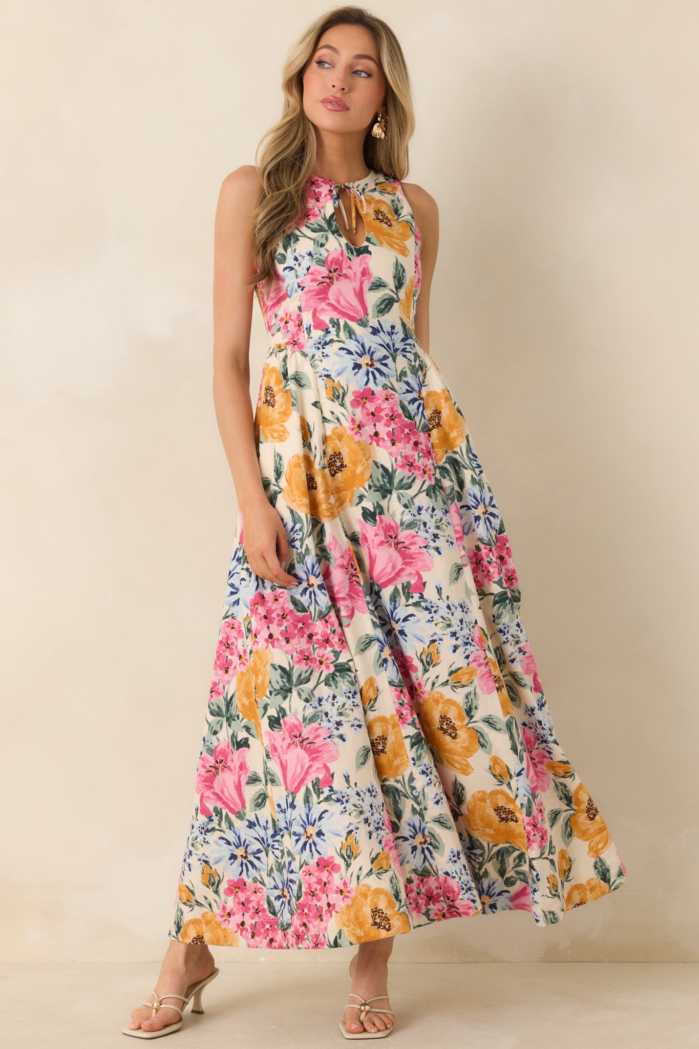 Red Dress | Multi Floral Linen Blend Tie Front Maxi Dress - All Dresses Red Dress | Multi Floral Linen Blend Tie Front Maxi Dress - All Dresses