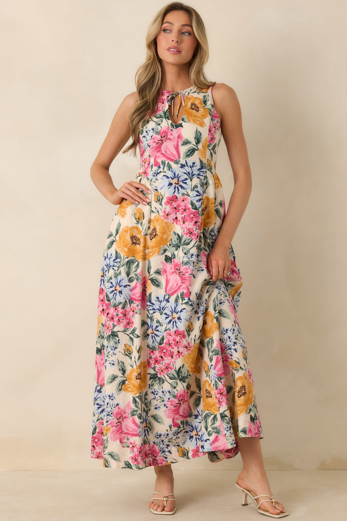 front tie dress maxi Women's Florals in Focus Multi Floral Linen Blend Tie Front Maxi Dress | Size: L