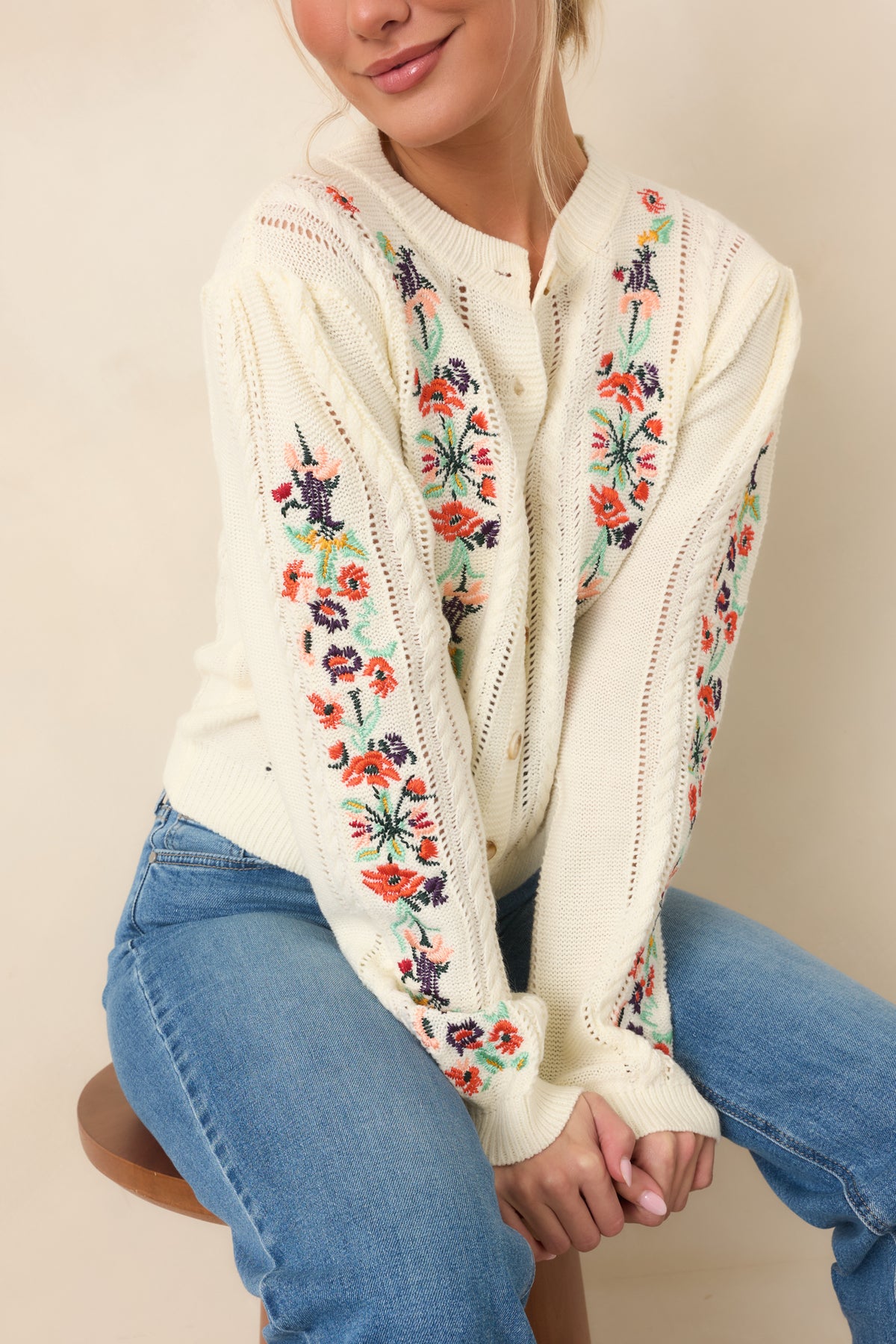 The Sweetest Part Ivory Multi Floral Embroidered Pointelle Cardigan