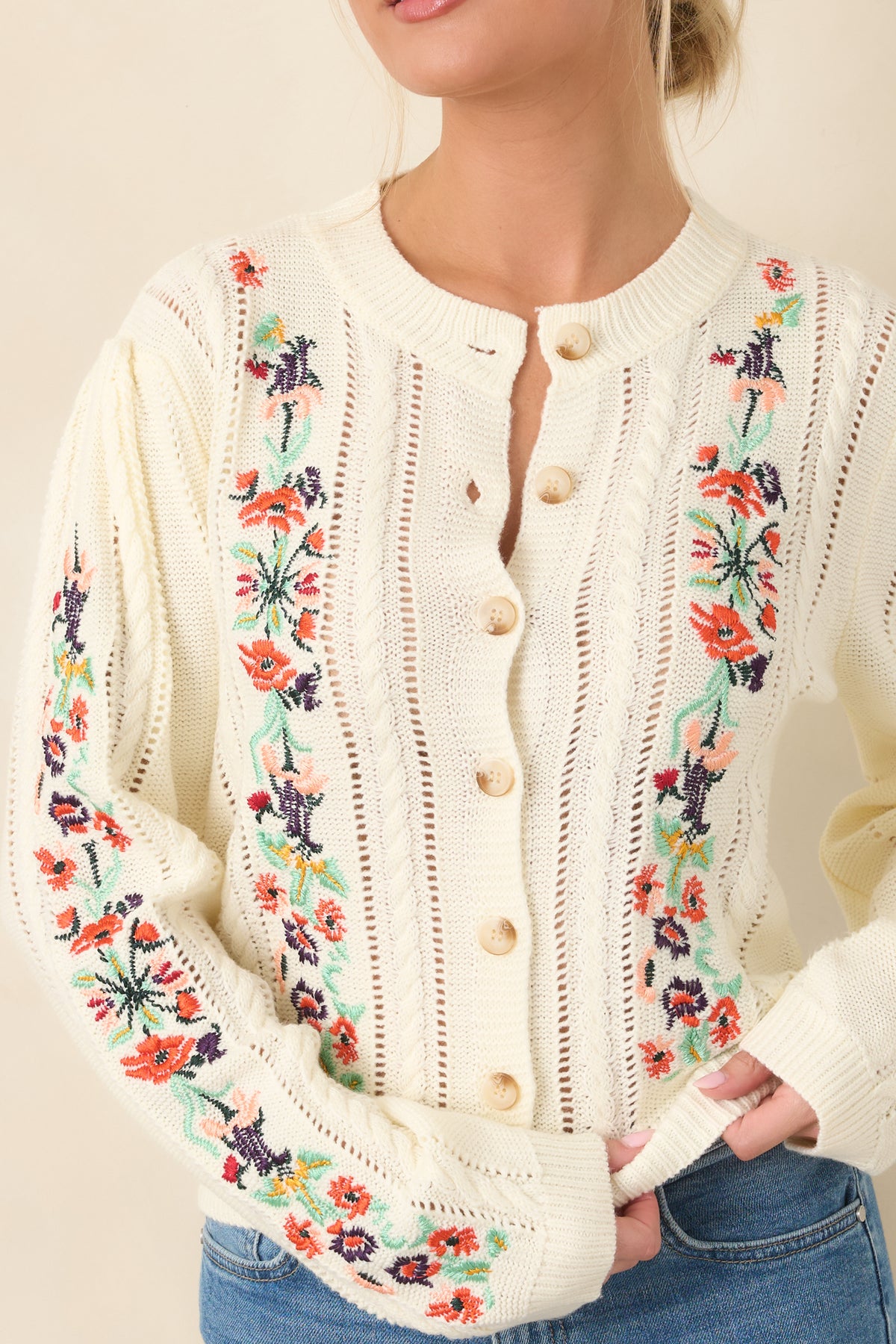 The Sweetest Part Ivory Multi Floral Embroidered Pointelle Cardigan