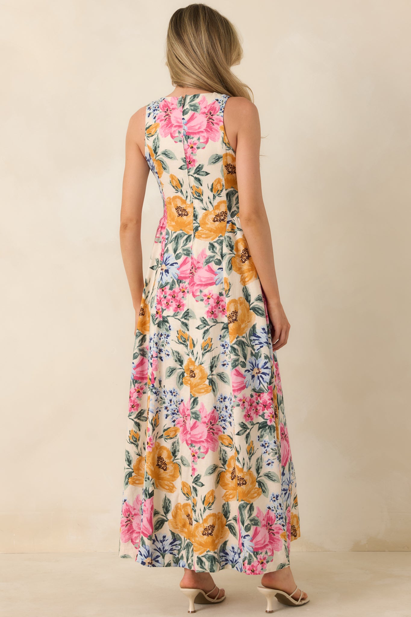 Red Dress | Multi Floral Linen Blend Tie Front Maxi Dress - All Dresses Red Dress | Multi Floral Linen Blend Tie Front Maxi Dress - All Dresses