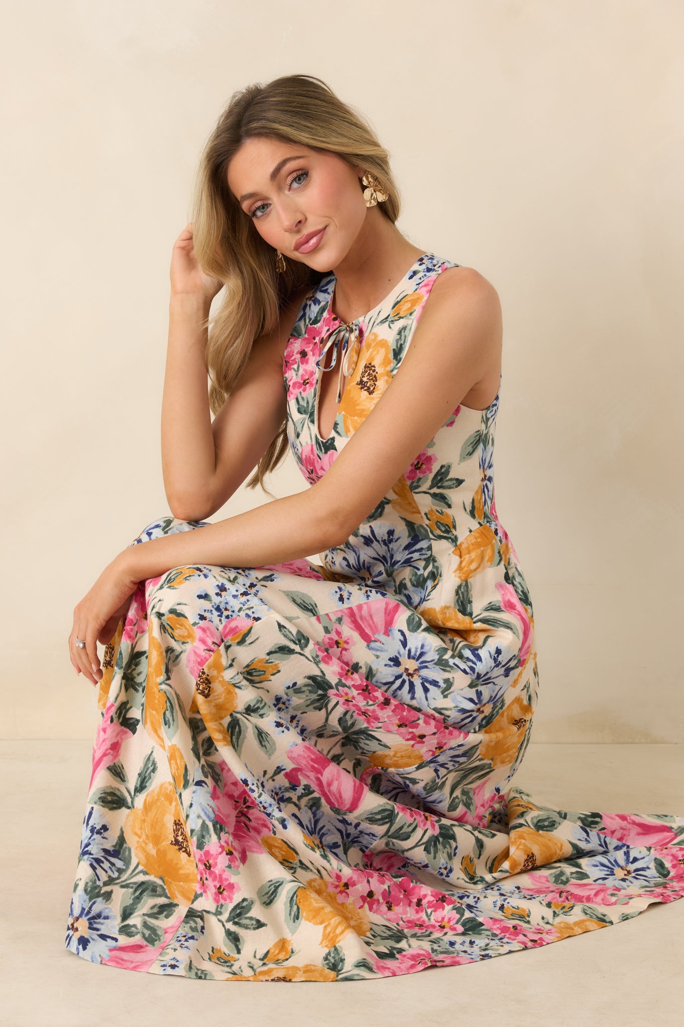 Red Dress | Multi Floral Linen Blend Tie Front Maxi Dress - All Dresses Red Dress | Multi Floral Linen Blend Tie Front Maxi Dress - All Dresses