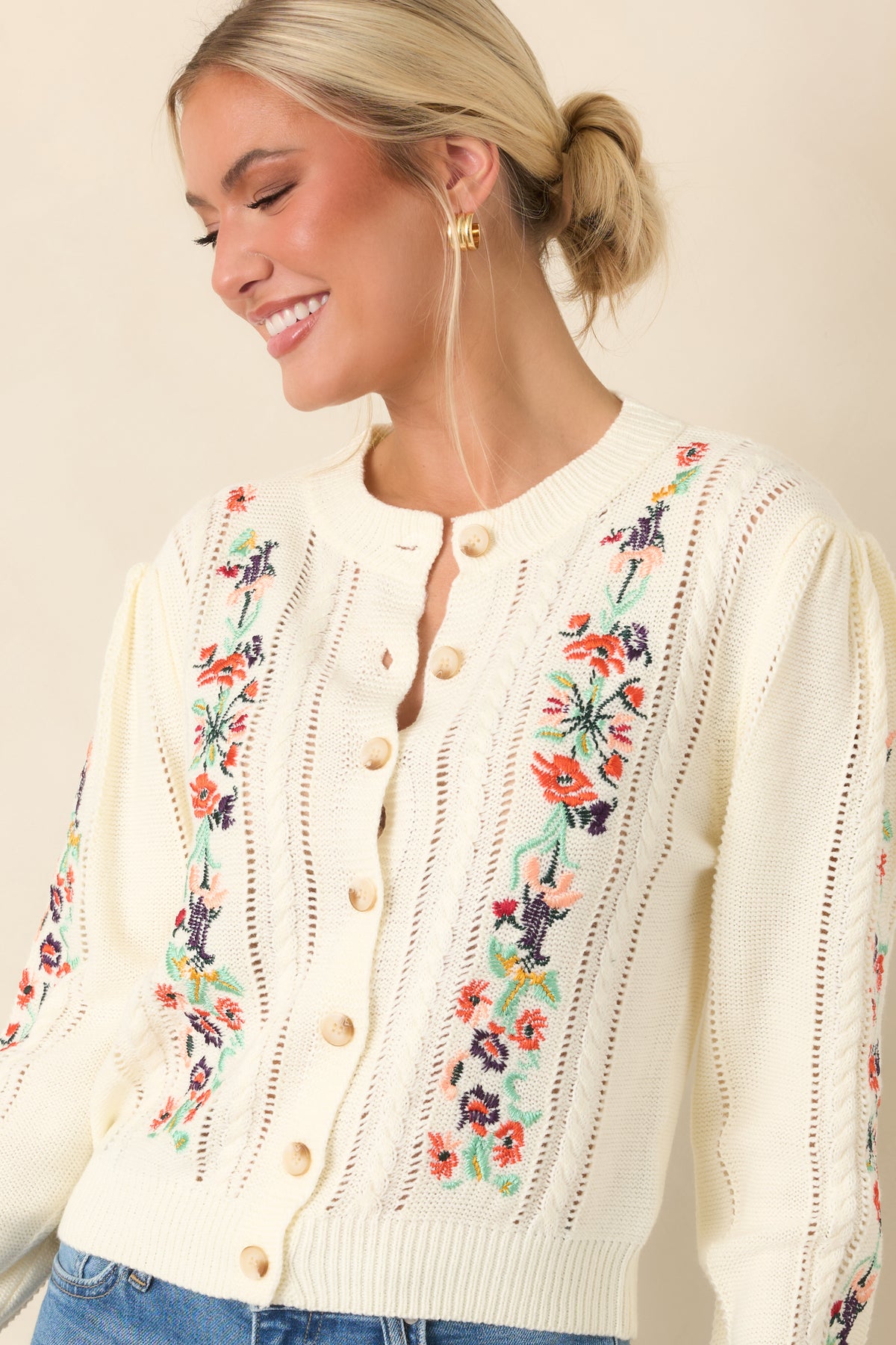 The Sweetest Part Ivory Multi Floral Embroidered Pointelle Cardigan