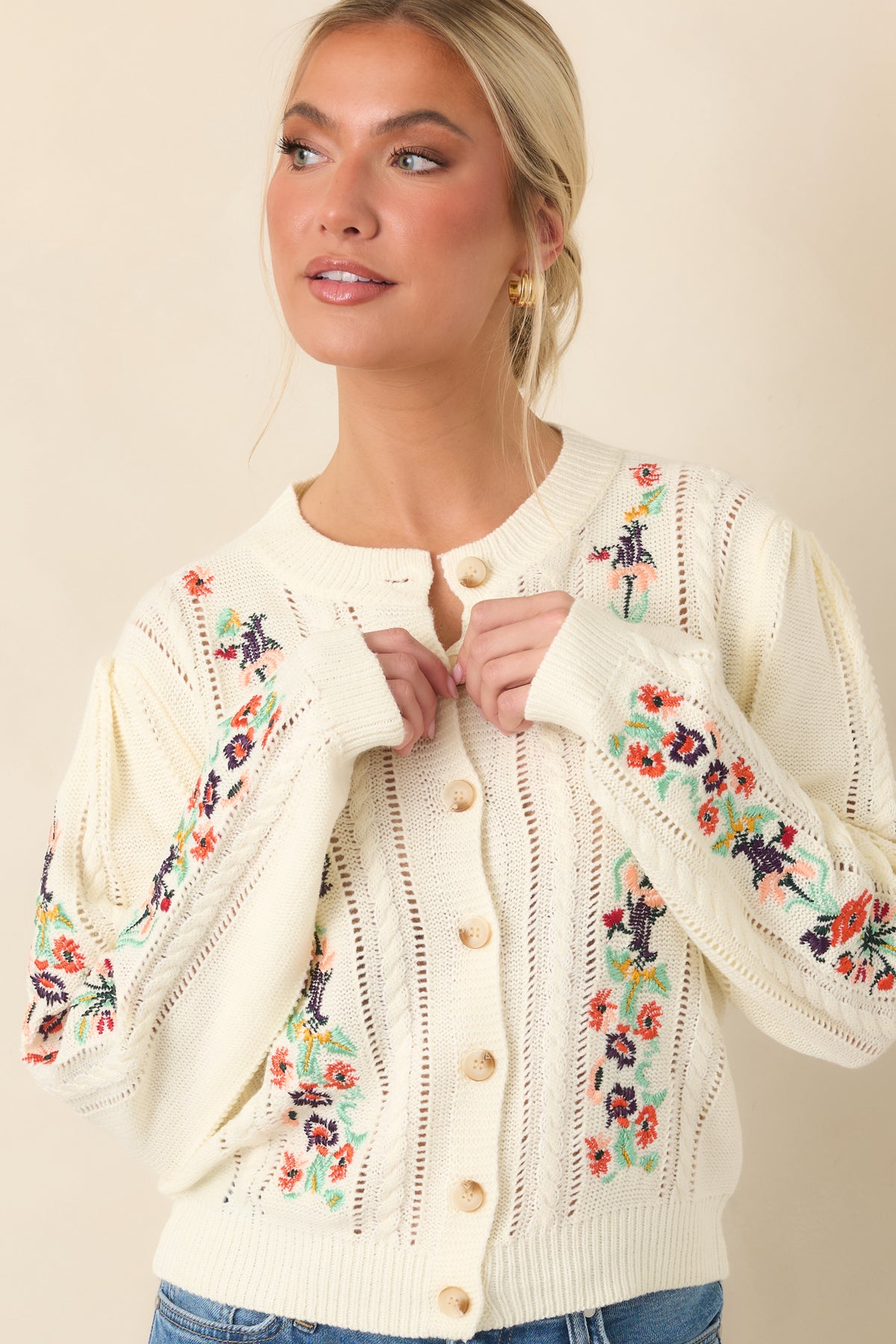 The Sweetest Part Ivory Multi Floral Embroidered Pointelle Cardigan