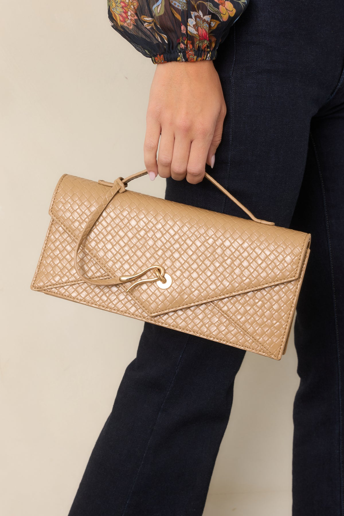Sealed With A Kiss Tan Woven Top Handle Envelope Clutch