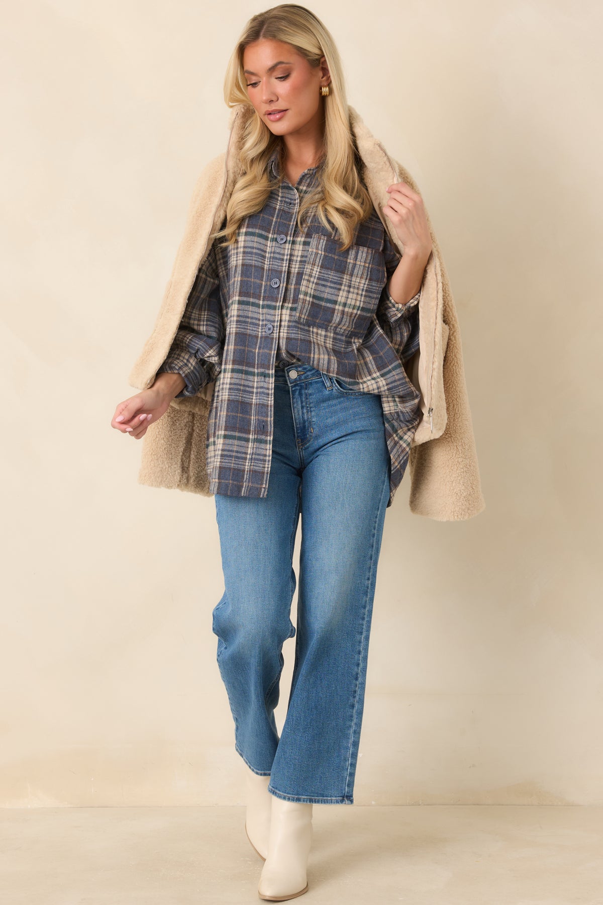 I’ll Put the Coffee On Slate Blue Multi Plaid Cotton Button-Up Shirt