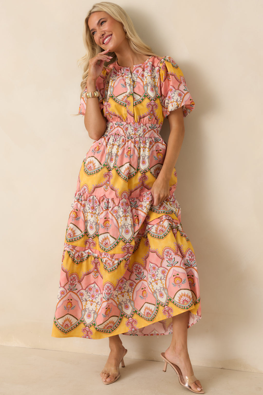 Women's Love You More Pink & Marigold Scarf Print Cotton Midi Dress | Size: S