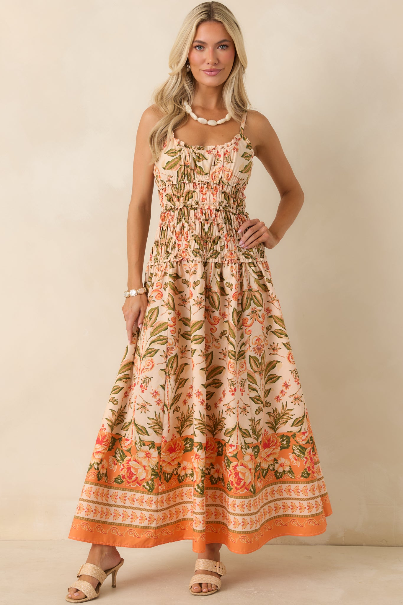 Red Dress | Peach & Green Floral Cotton Maxi Dress