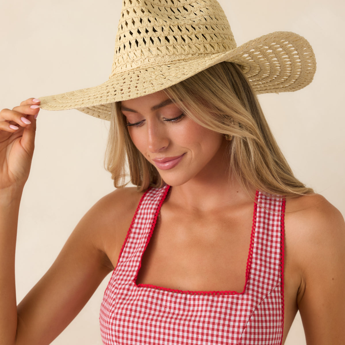 Red Dress | Ivory Woven Cowboy Hat