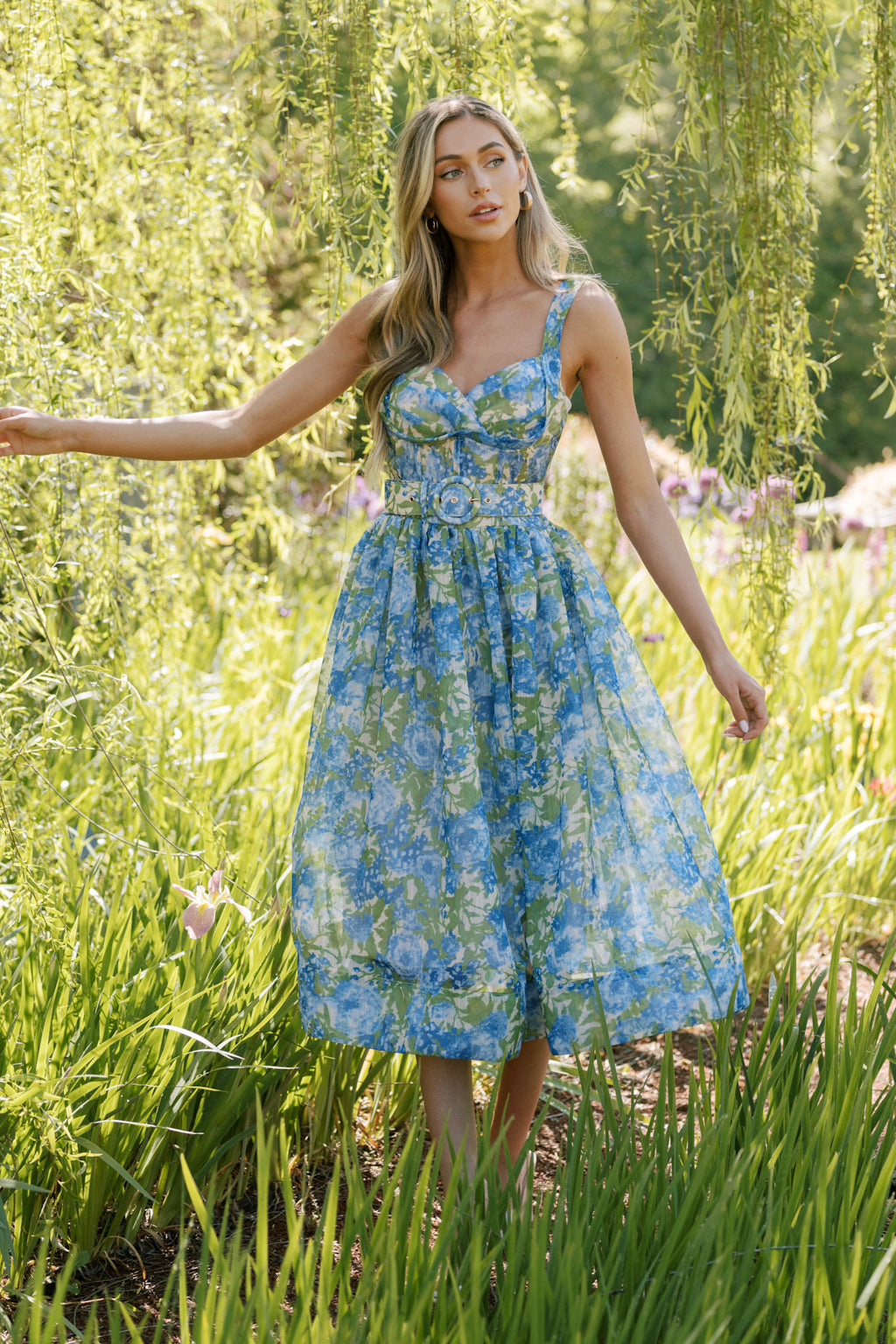 Sweetheart Neckline Blue Floral Midi Dress - All Dresses | Red Dress Sweetheart Neckline Blue Floral Midi Dress - All Dresses | Red Dress
