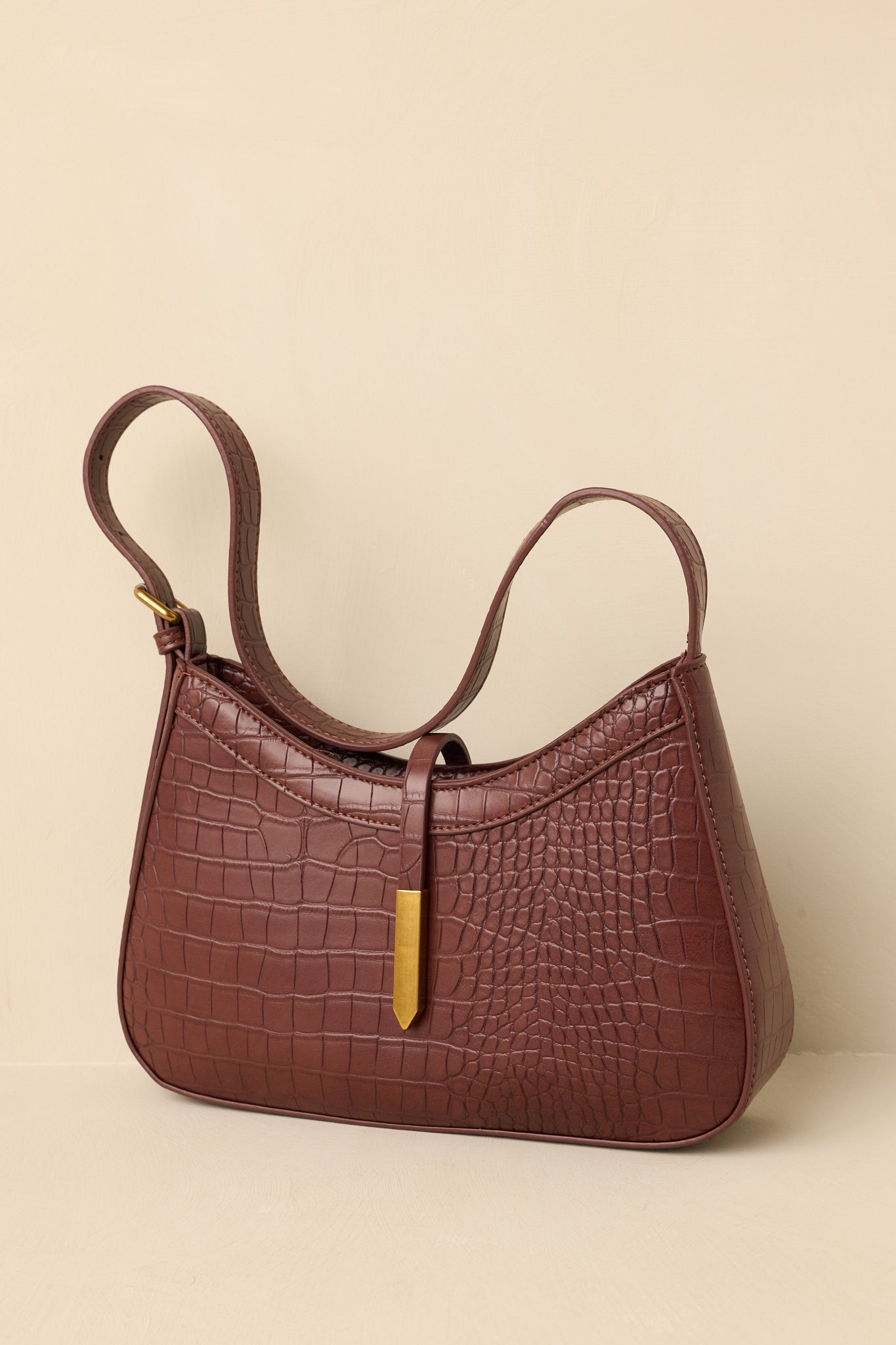 Chocolate Brown Croc Embossed Faux Leather Handbag - All Handbags