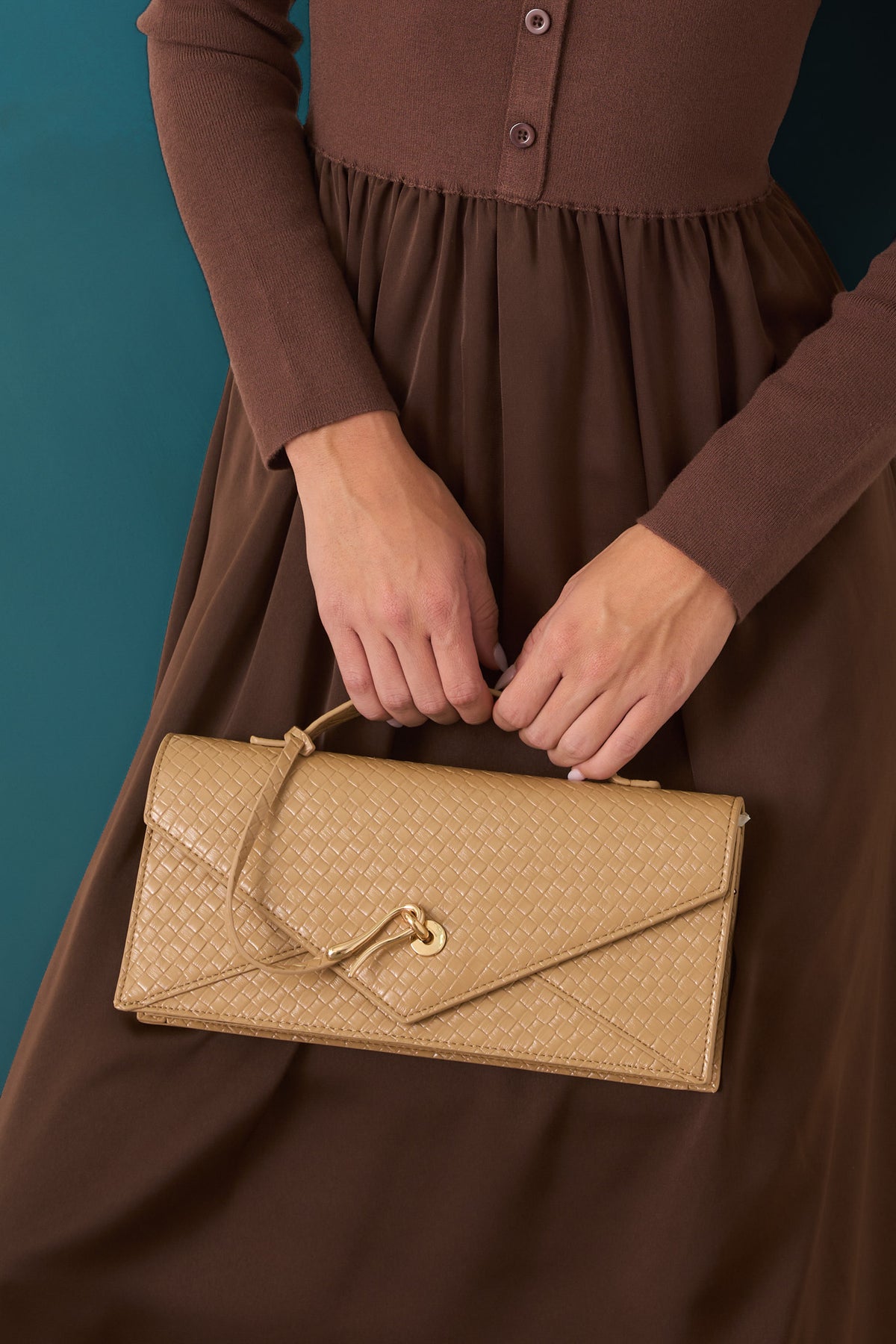 Sealed With A Kiss Tan Woven Top Handle Envelope Clutch