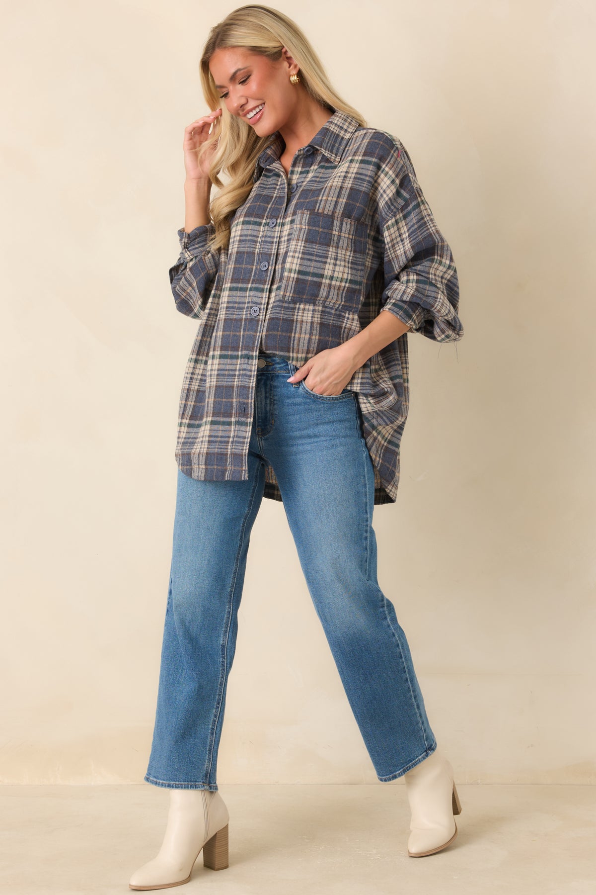 I’ll Put the Coffee On Slate Blue Multi Plaid Cotton Button-Up Shirt