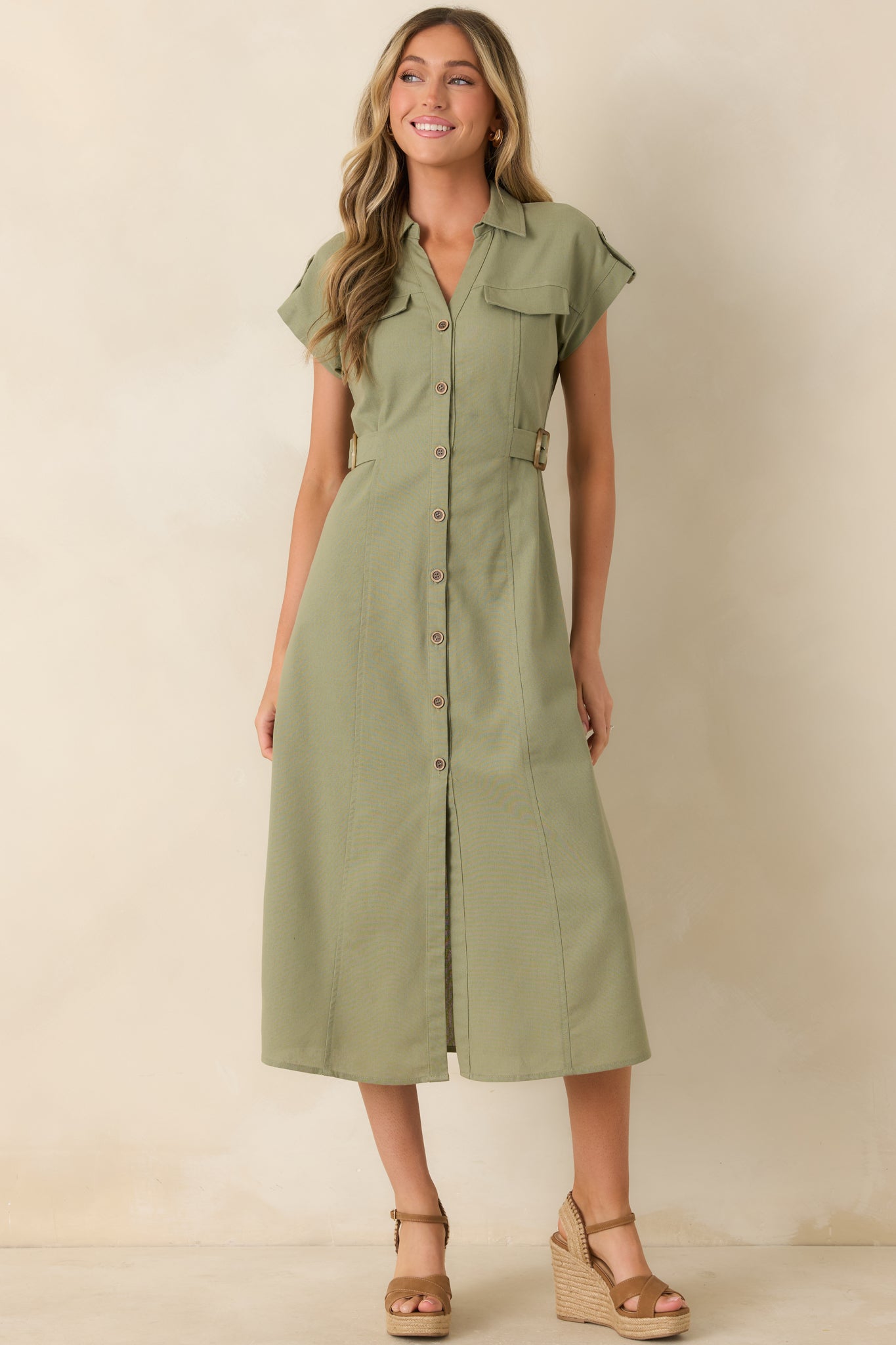 Red Dress | Sage Green Button Front Utility Midi Dress - All Dresses Red Dress | Sage Green Button Front Utility Midi Dress - All Dresses