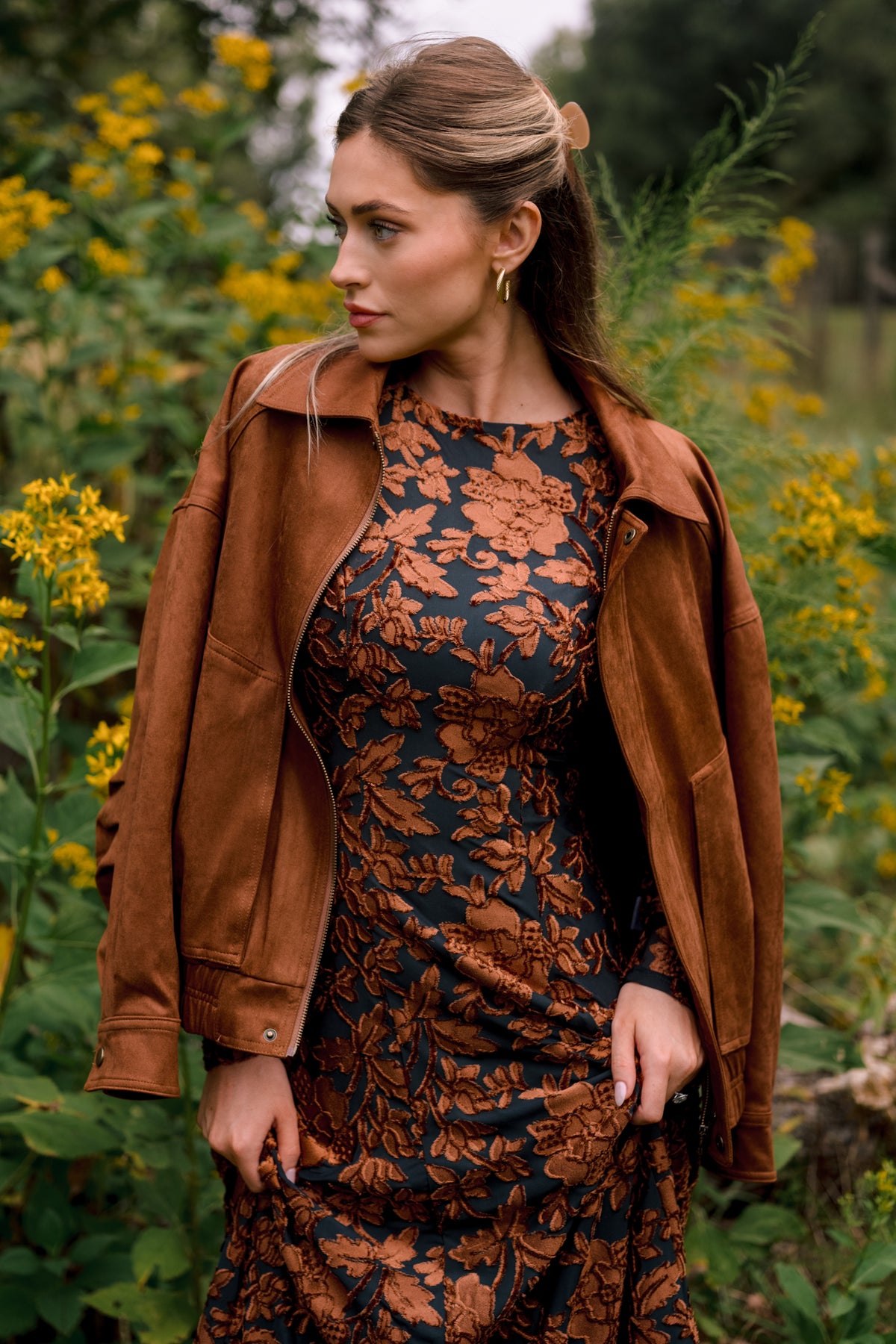 More Adventures Cognac Faux Suede Bomber Jacket
