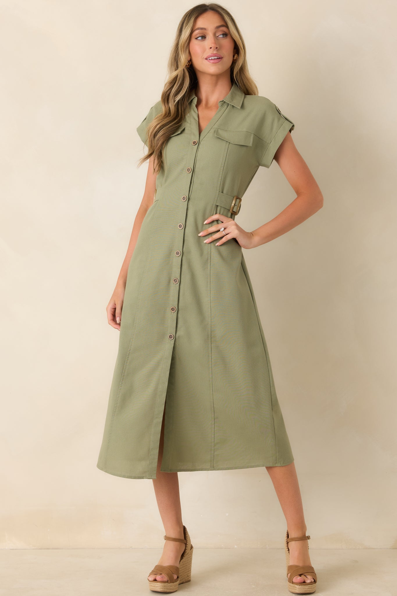 Women's Easy Authority Sage Green Button Front Utility Midi Dress | Size: M | Red Dress Women's Easy Authority Sage Green Button Front Utility Midi Dress | Size: M | Red Dress