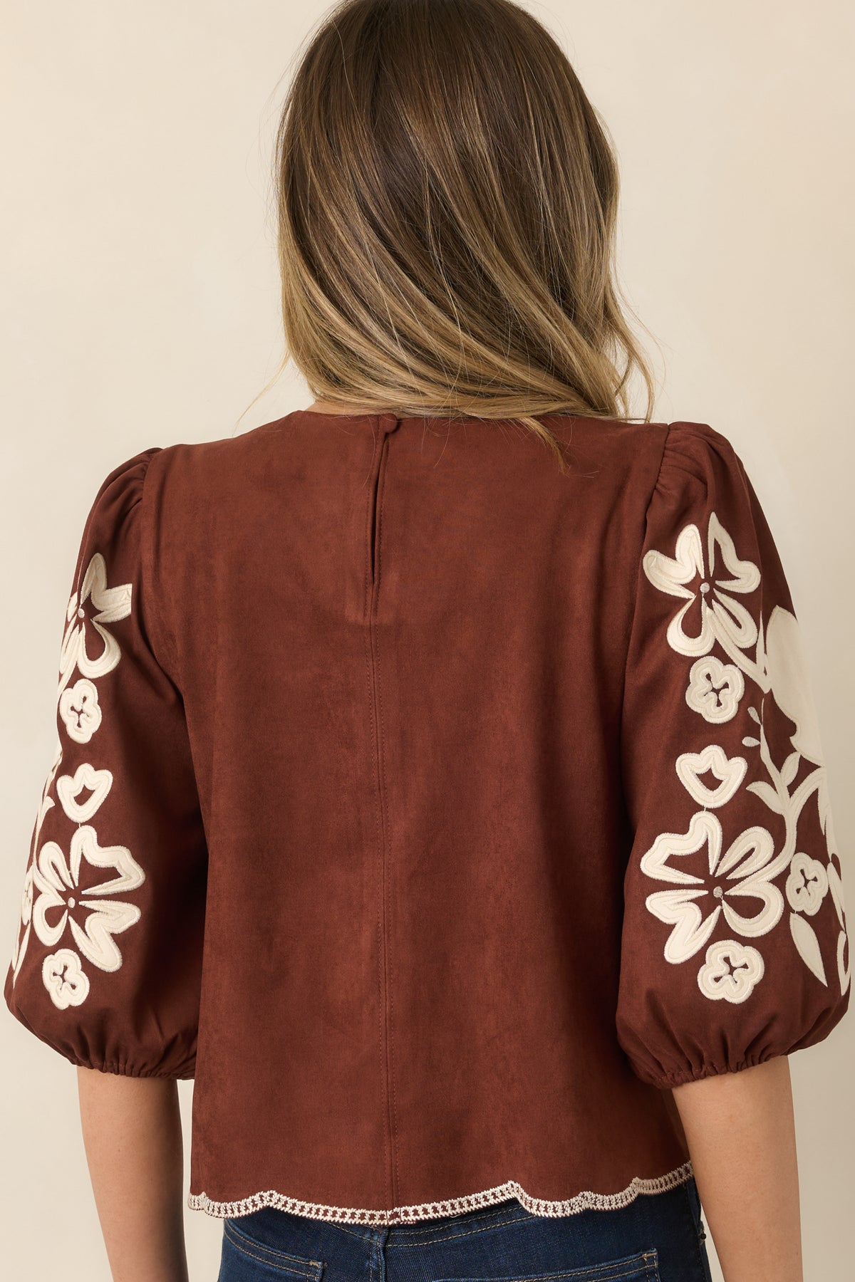 You Know Me So Well Brown & Ivory Floral Appliqué Faux Suede Top