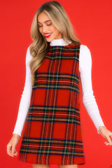 Front view of this dress that showcases the plaid print of the fabric.