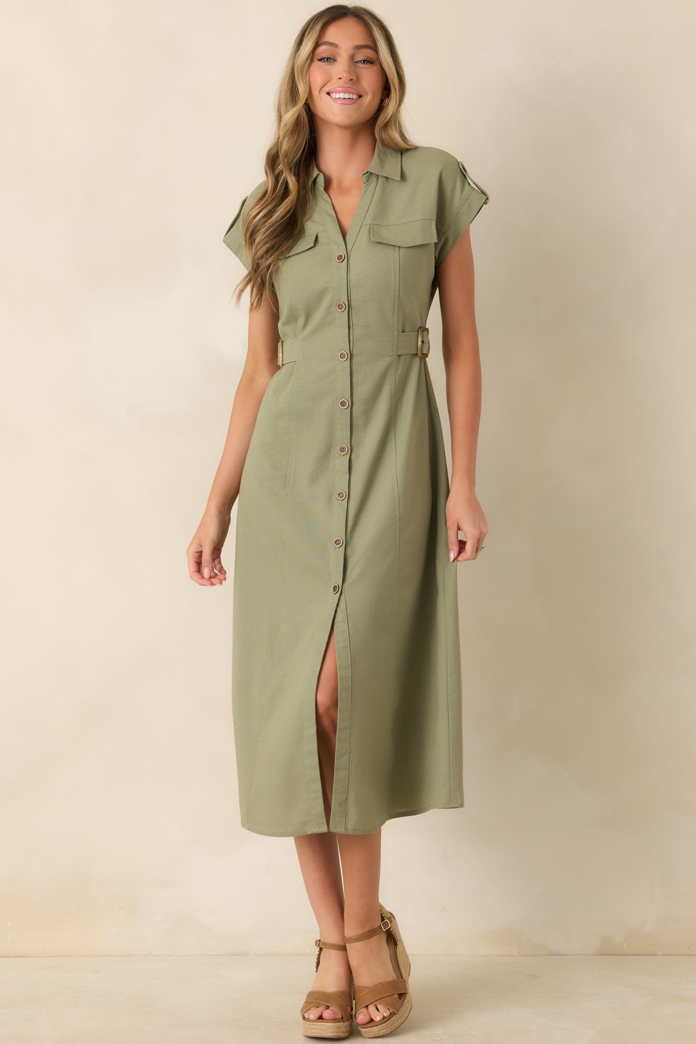 slim fit dress slacks Virginia Suiting Embroidered Midi Dress / Sage | Meshki main image 1