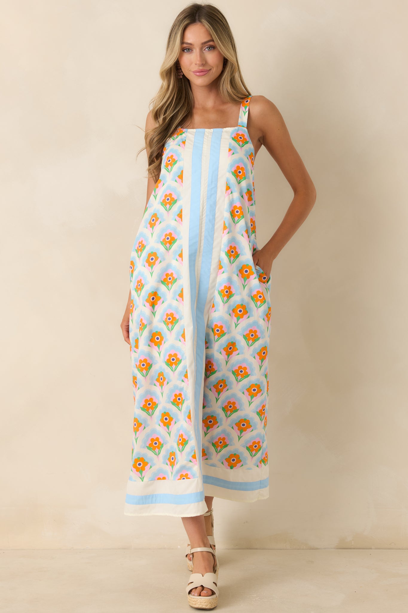 Orange Blossom Skies Blue Multi Floral Cotton Contrast Maxi Dress