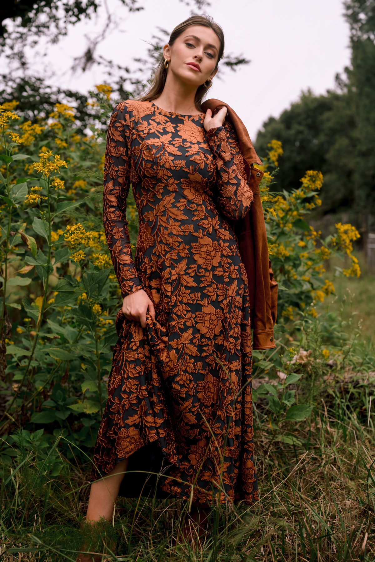 When the Leaves Turn Green & Copper Textured Floral Long Sleeve Midi Dress