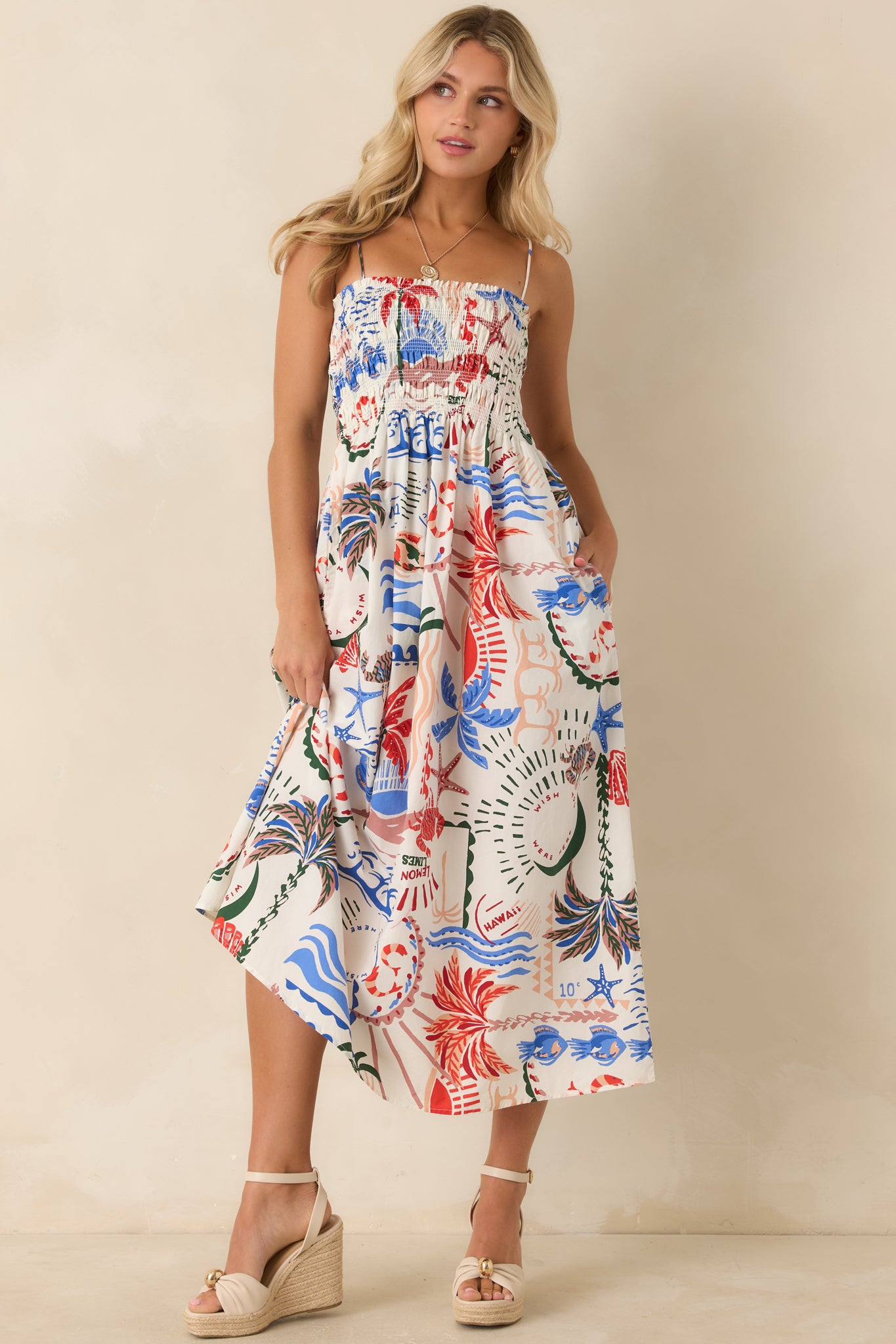 Full-length look showcasing the smocked bodice for flexible fit and the easy drape of the maxi skirt with soft movement.
